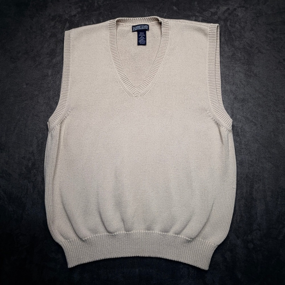 Lands End Sweater Vest Mens Medium Beige 100% Cotton V-Neck Knit USA Preppy